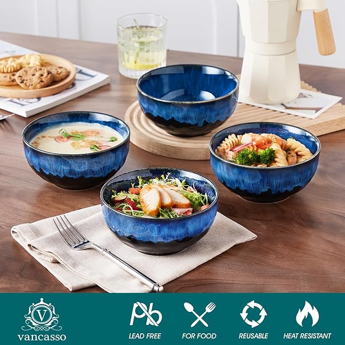 vancasso Starry 24oz Bowls for Soup, Ceramic Soup Bowls Set of 4, Blue Cereal Bowls Set for Kitchen, Salad Bowls Set, Pasta Oatmeal Bowls, Lead-free, Dishwasher & Microwave Oven Safe, Blue