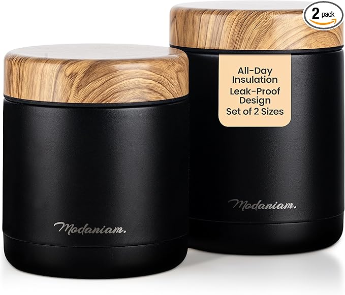 Stainless Steel Insulated Food Jar Set of 2 (16oz + 12oz) | Wide Mouth | Soup Thermo for Hot Food Lunch Container | Thermal LunchBox | Insulated Soup Bowl | Hot and Cold Lunch Box for Adults | Black