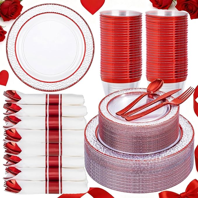 Ciaell 350 PCS Clear and Red Plastic Plates – Red Dinnerware Set for 50 Guests Include 100 Plastic Plates, 50 Pre Rolled Napkins with Cutlery Set, 50 Cups for Wedding & Party & Anniversary
