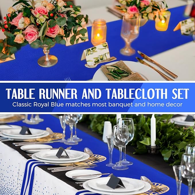 Breling 24 Pack Royal Blue Disposable Plastic Tablecloths and Satin Table Runner Set, 54 x 108 Inch Tablecloth, 12 x 108 Inch Table Runners for Wedding Graduation Birthday Baby Shower
