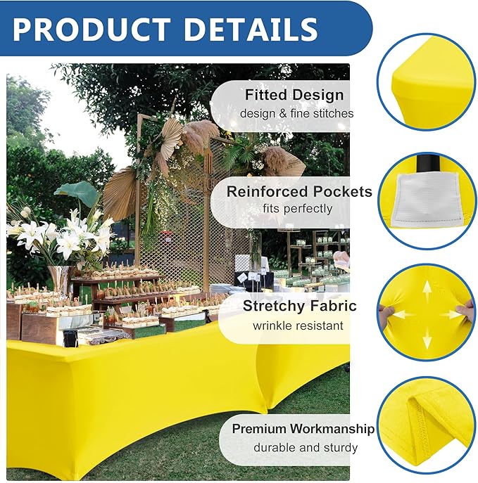 Spandex Table Cloths for 8 Foot Rectangle Tables-6 Pack Fitted Stretch Yellow Table Covers-Elastic Folding Tablecloths for Party, Vendor Booth Display, Banquet Buffet Event, Craft Trade Show