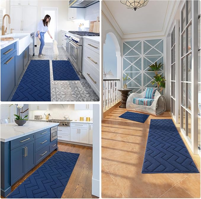 hicorfe Kitchen Rugs and Mats Sets,Non-Slip 2 Pieces Absorbent 100% Polypropylene Rug,Comfort Kitchen Runner Mat,Washable for Kitchen,Sink,Laundry(20" x 48" Plus 20" x 59",Navy Blue)