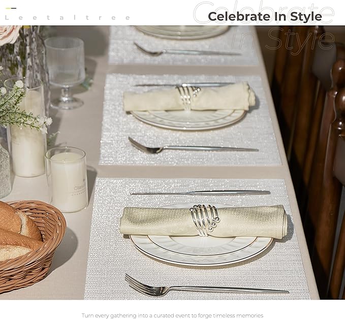 Leetaltree Luxury White and Silver Woven Placemats Set of 12 - Waterproof Washable Textured Table Mats for Wedding, Anniversary, Daily Use - Sparkling Metallic Thread Table Decor - Hand-Cut