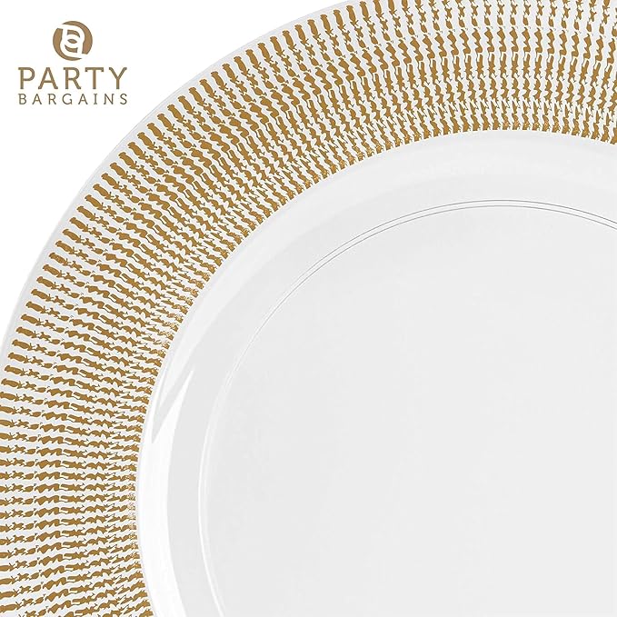 PARTY BARGAINS 13-Inch Charger Plates - 16 Pack, Clear Gold Textured Rim, Heavy-Duty Disposable Chargers for Elegant Dining - Ideal for Weddings and Formal Events