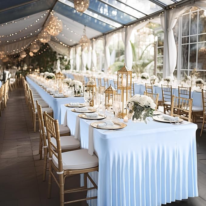 Wish Care 2 Pack Baby Blue Spandex Table Clothes for 6 Foot Rectangle Tables, 6FT Wrinkle Free Fitted Tablecloths Ruffles Design Table Cover for Party, Banquet, Wedding and Events