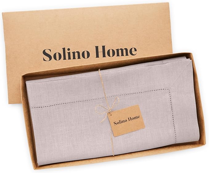Solino Home Lilac Linen Tablecloth 52 x 52 Inch - 100% Pure Linen Square Table Throw - Classic Hemstitch, Machine Washable Table Cloth for Valentines, Spring, Easter