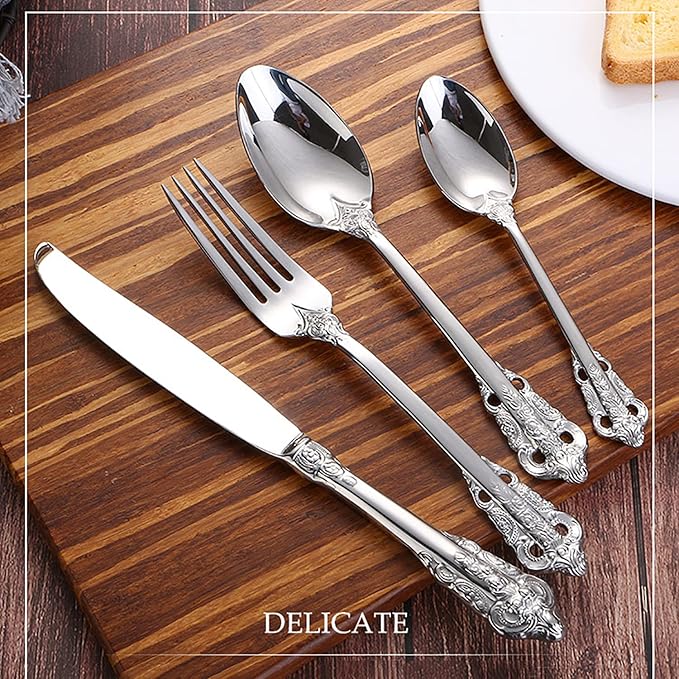 Silverware Set 18/10 Stainless Steel Flatware Sets Palace Style 32 Piece Delicate Cutlery Set for 8 Durable Home Kitchen Wedding Tableware Utensil Include Knifes Teaspoons Forks and Spoons