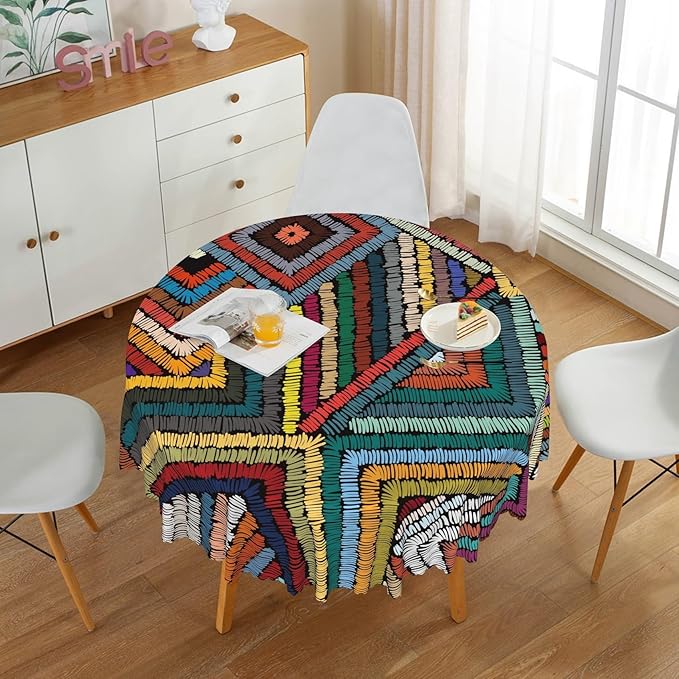 Laeacco 70 Inch Colorful Patchwork Round Tablecloth Woven Geometric Pattern Abstract Art Print Table Cloth Washable Waterproof Wrinkle Free Table Cover for Kitchen Dining Picnic Party Decoration