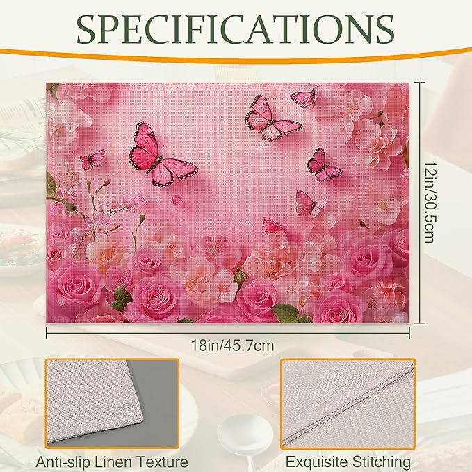 Table Placemats Set of 6,Spring Flowers Cloth Placemats,Pink Butterfly Rose Floral Heat-Resistant Table Mats for Kitchen Dining Room Decoration,Non-Slip Fabric Place Mats 11.8x17.7 Inch