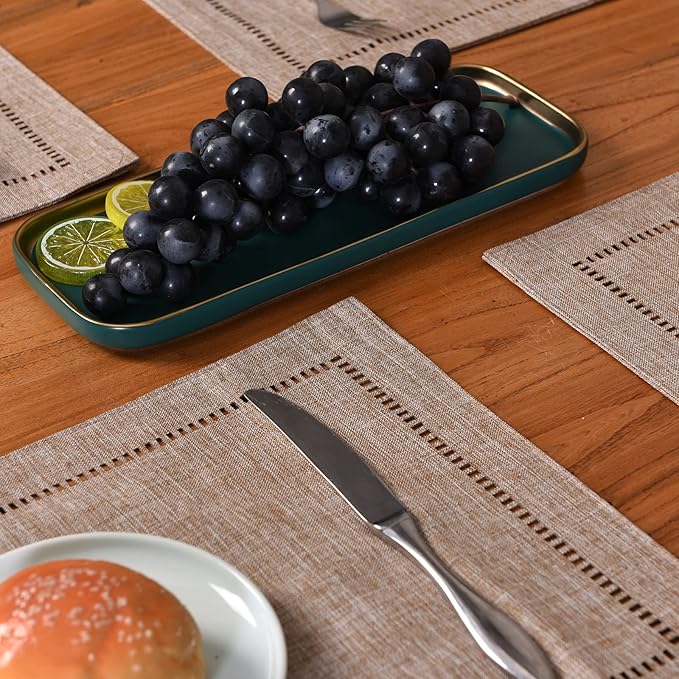 Tosewever Set of 6 Decorative Linen Placemats 12 x 18 Inches, Farmhouse Style Table Mats for Everyday Dining Wedding Party Holiday Home Decor (6 Pieces 12 x 18”, Light Coffee/Straight)