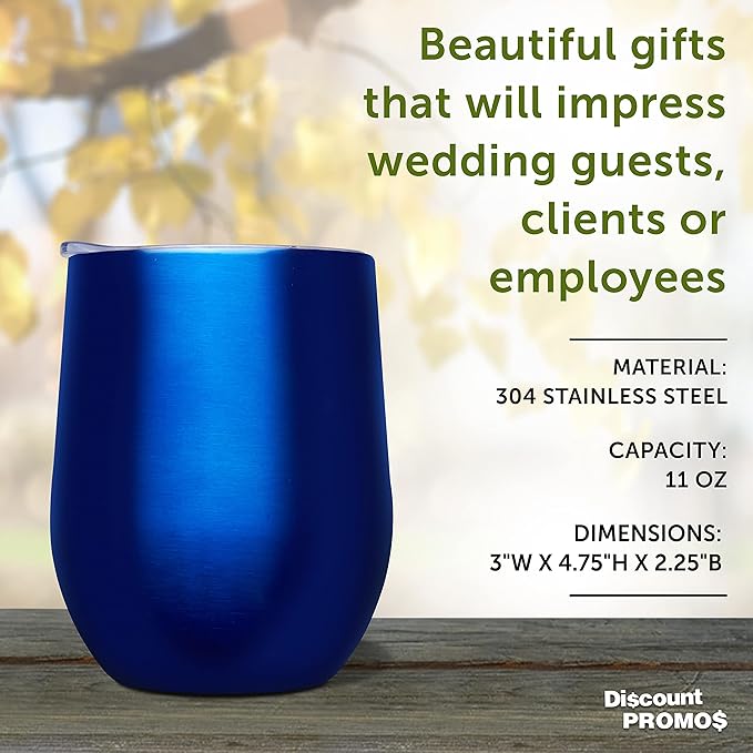 DISCOUNT PROMOS Stemless Wine Glass Tumblers with Lids by Largo 11 oz. Set of 6, Bulk Pack - Perfect for Wine, Cocktails, Other Hot & Cold Beverages - Blue
