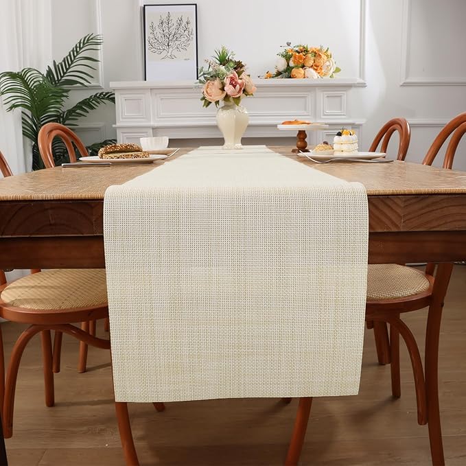 SHACOS Woven Vinyl Table Runner PVC Table Runners 12 x 54 inch Wipeable Plastic Heat Resistant Runner for Table Indoor Outdoor, Beige White