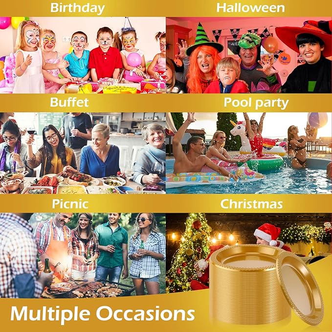 Zopeal 200 Pcs Gold Plastic Dessert Plates 6 Inch Round Gold Disposable Plates Heavy Duty Wedding Dinner Tableware for Birthday Party Dinner Picnic Salad, Appetizer Party Supplies