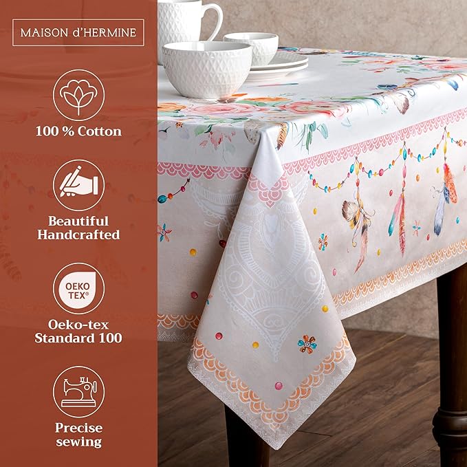 Maison d' Hermine Table Cloth Rectangle Table 100% Cotton 70 x 90 Inches Tablecloth Reusable Decorative for Dining Room Farmhouse Home Valentines Day Decorations Spring Summer - Ibiza - Beige