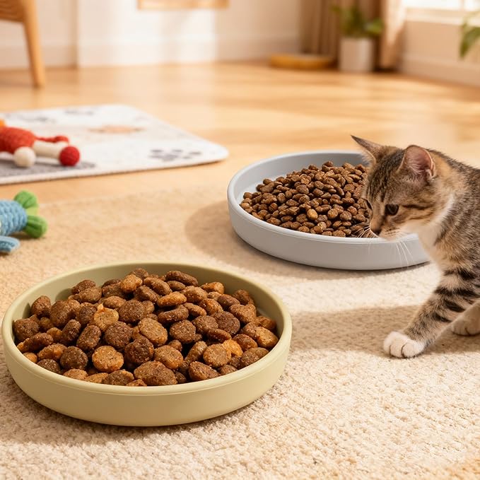 Silicone Cat Bowl Shallow Non-Slip Cat Dishes Relief Whisker Fatigue Small Pet Dog Bowls for Dry & Wet Food, Set of 2