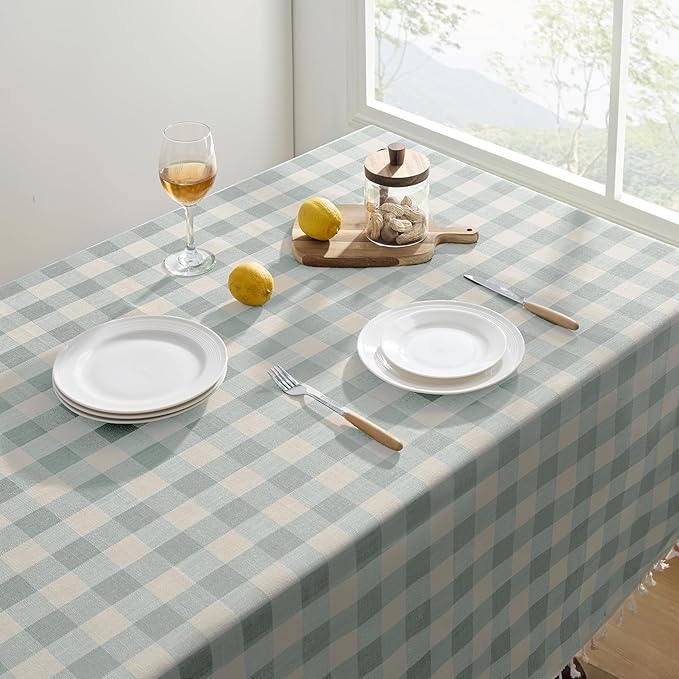 Softalker Checkered Tablecloth Rectangle, Outdoor Linen Cotton Gingham Table Cloth with Tassel, Heavy Duty Wrinkle Free Buffalo Plaid Table Cover for Kitchen Dining Home Party - 55 x 120 Inch, Aqua