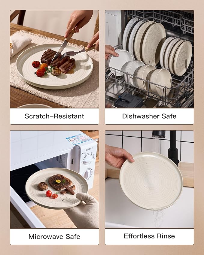 Plates and Bowls Sets for 6 (18-Piece) Stoneware Reactive Glaze Dinnerware with Speckles & Spirals, Chip and Scratch Resistant Flared Dishes Set with Gift Box, Microwave Dishwasher Safe, Shell Beige