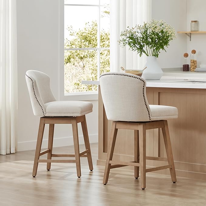 CHITA Counter Height Swivel Barstools, FSC Certified Upholstered Performance Fabric Bar Stools Set of 2, 26" Seat Height, Linen