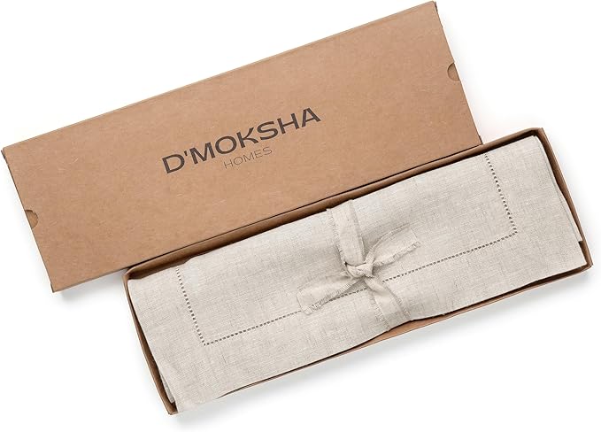 D'Moksha Homes Linen Light Natural Table Runner 48 Inches - Classic Hemstitch, 100% Pure Linen Coffee Table Runner 14 x 48 Inch Ideal for Dresser Tables, Valentines, Spring, Easter