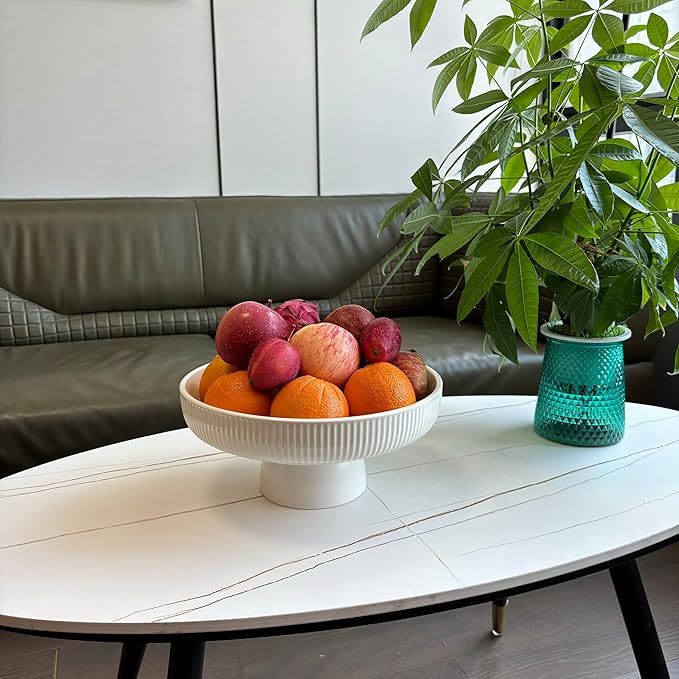 Ceramic Fruit Bowl,11" Decorative Bowl, Large Fruit Bowl for Kitchen Counter, Pedestal Bowl, Kitchen Counter Décor, Bread Candy Snacks Organizer, White (5.3 lbs, 68oz)