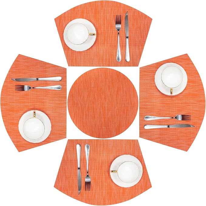 SHACOS Round Table Placemats Set of 5 Woven Vinyl Wedge Placemats with Centerpiece Round Table Mats Heat Resistant Wipe Clean (5, Orange)