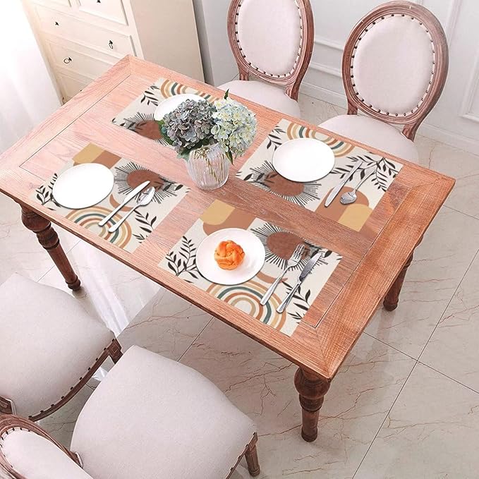 Mid Century Abstract Boho Placemats Orange Vintage Aesthetic Nature Leaf Sun Modern Washable Place Mats 12x18Inch for Dining Kitchen Farmhouse Decor 4 PCS