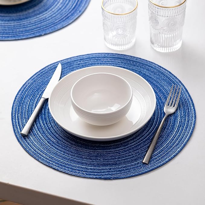 Round Placemats Set of 6 Woven Placemats Washable Braided Table Mats for Dining Table Heat Resistant Non-Slip Circle Place Mats(Royal Blue)