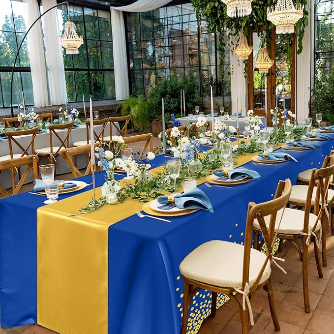 Breling 8 Pack Navy Blue and Gold Disposable Plastic Tablecloths and Satin Table Runner Set, 54 x 108 Inch Tablecloth, 12 x 108 Inch Table Runners for Wedding Graduation Birthday Baby Shower New Year