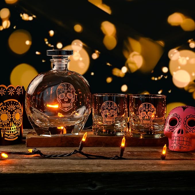 Rolf Glass Sugar Skull On the Rocks Glass | Set of 4 Etched 11oz Whiskey Glasses | Made in America | Mardi Gras Tumblers
