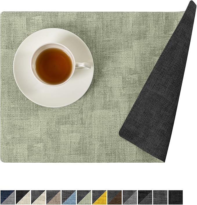 Romanstile Sage Green Placemats Set of 4, Vinyl 100% Waterproof Oil-Proof Wipeable Place Mats, Heat Resistant Dual Sided Table Mats for Kitchen/Dining/Party (Grey Green, 12 x 17 Inch)