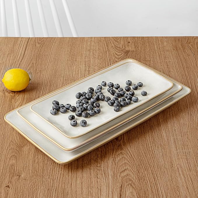Famiware Serving Platter, Rectangular 15.67/14.1/12.6 inch Serving Dishes for Entertaining, Microwave Dishwasher Safe, Stonware Serving Trays for Party, Turkey, Cheese, Ocean Series, Cappuccino White