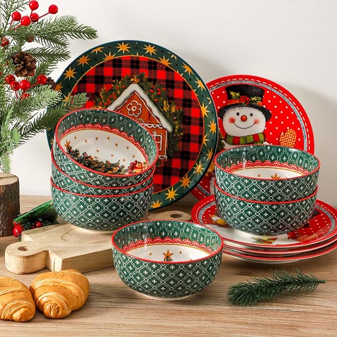 glowworm Christmas Dinner Plates, 10.5 Inch Ceramic Dinner Plates Set of 6, Salad Plates Set for Kitchen, Restaurant, Christmas Gift, Microwave, Oven & Dishwasher Safe