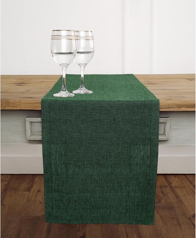 Solino Home Linen Table Runner 144 Inches Long - Athena, 100% Pure Linen Forest Green 14 x 144 Inch Table Runner for Dining, Winter, Easter, St Patricks Day