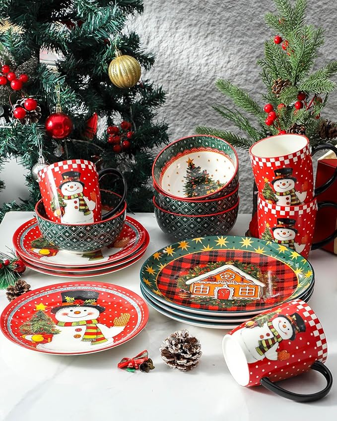 HASENSE Christmas Dinner Plates, 10.5 Inch Ceramic Plates Set of 6, Dinnerware Dish for Kitchen for Steak, Pasta, Pizza, Serving Plate Microwave, Oven and Dishwasher Safe, Holiday Dining Collection