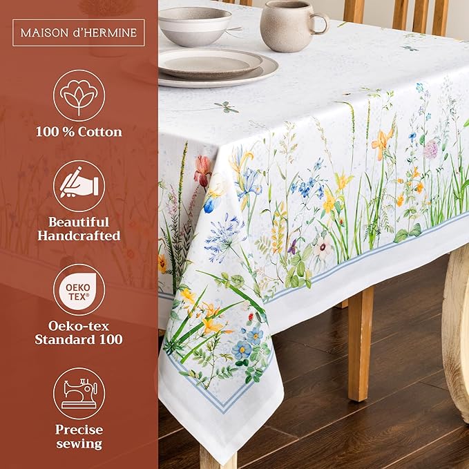 Maison d' Hermine Table Cloth Rectangle Table 100% Cotton 70 x 108 Inches Tablecloth Reusable Decorative for Dining Room Farmhouse Home Valentines Day Decorations Spring Summer - Fleurs De Mai
