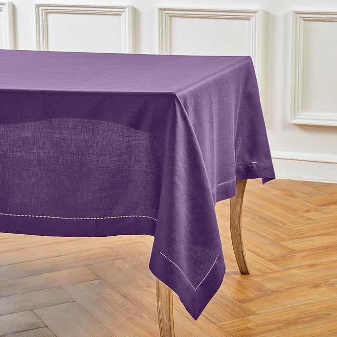 Solino Home Linen Tablecloth for Rectangle Tables 60 x 90 Inch - Classic Hemstitch 100% Pure Linen Purple Table Cloth - Machine Washable Cloth Tablecloth for Valentines, Spring, Easter