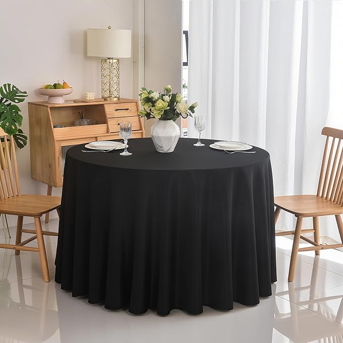 2-Pack Round 120-inch Black Table Cloths, Solid Stain and Wrinkle Resistant Circular Tablecloth, Premium Plain Weave Polyester Fabric Table Linen Covers for Hotel, Banquet