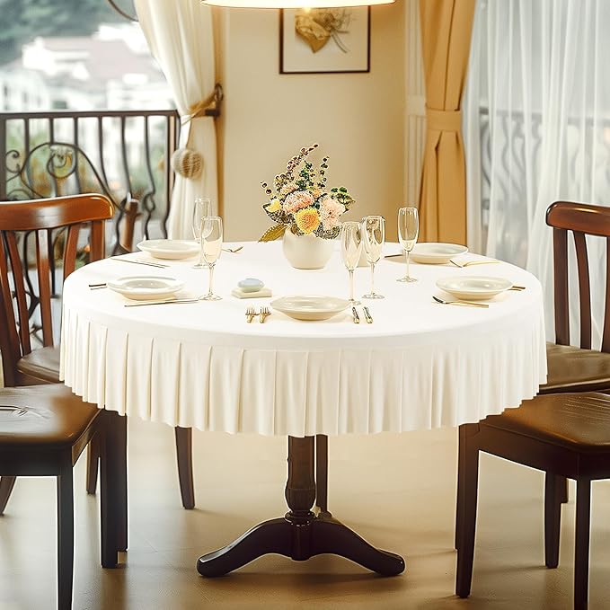 2 Pack Ivory Spandex Round Tablecloths for 60 Inch Tables, Stretchy Fitted 5FT Cloths, Wrinkle-Free Cover With Skirt for Wedding, Party, Dining, Banquet