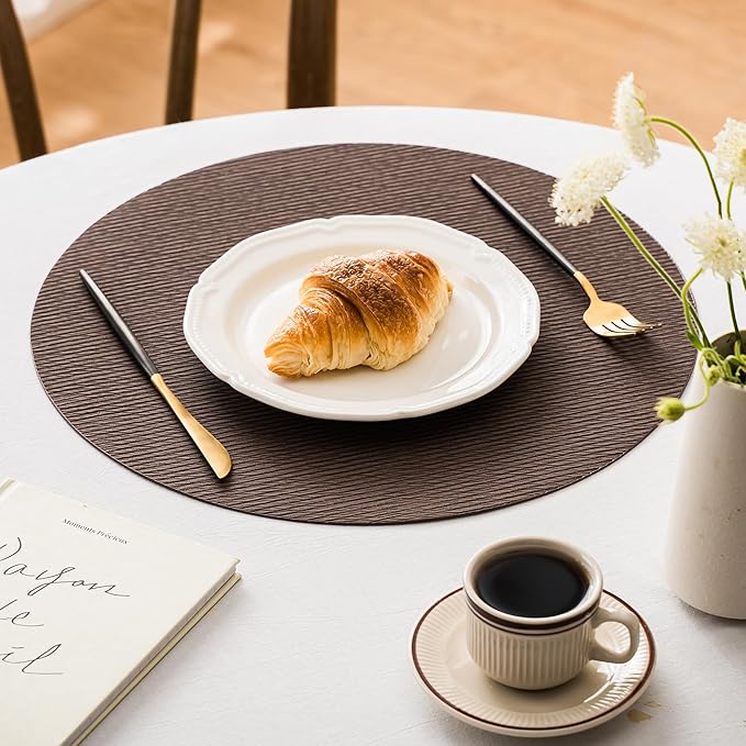 Jovono 15" Faux Leather Big Round Placemats Set of 8 - Washable Heat Resistant Non-Slip Dining Table Mats with Fabric Texture for Kitchen Home Party Decor, Coffee