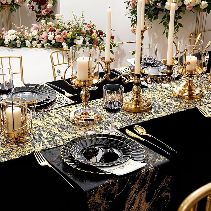 Ciaell 175 PCS Black Scalloped Plastic Plates with Gold Trim - Black Plastic Silverware with Handle - Fancy High-End Dinnerware Sets for Wedding & Party