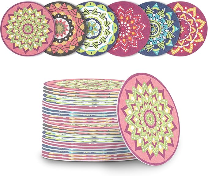 Restaurantware Paper Bar Coasters 48 Count 3.5 Inch Super Absorbent Beverage Coasters Pulpboard Assorted Design Drinkware Coasters Durable Paper Round Assorted