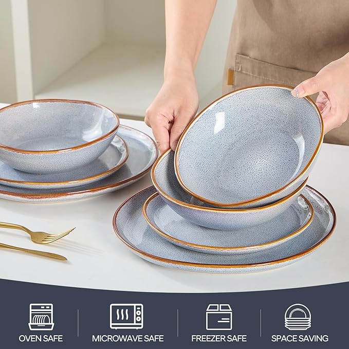 Bestone 12 Pieces Round Kitchen Dinnerware Sets，Plates and Bowls Sets,Dishes, Plates, Bowls, Dish Set, Chip Resistant Ceramic Dinnerware Set, Dishwasher/Microwave Safe,Service for 4,Reactive Blue