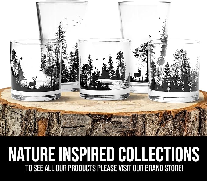 Black Lantern Mountain Rock Glasses – Hand-Printed 11oz Tumblers with Durable Forest Design – Set of 2 Heavy-Base Old Fashioned Glasses for Bourbon, Scotch, and Cocktails
