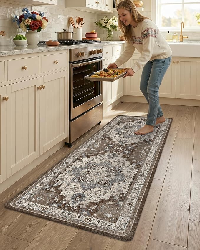 Color&Geometry Anti Fatigue Kitchen Mats for Floor 24x59, Vintage Decor, Easy Clean, Waterproof & Oil Proof, 0.4" Thick Cushioned, Non-Slip Kitchen Runner Rug for Sink, Laundry, Office, Brown