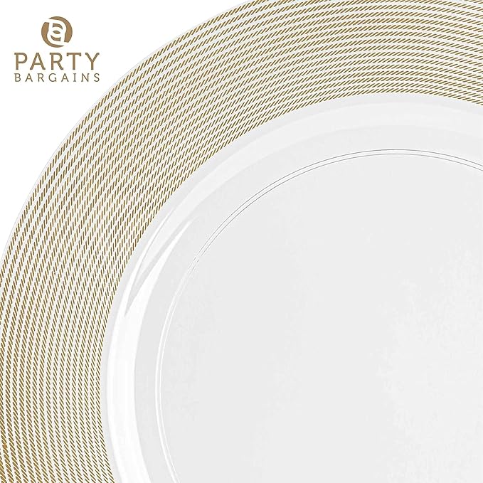 PARTY BARGAINS 13-Inch Charger Plates - 16 Pack, Clear Gold Rope Textured Rim, Heavy-Duty Disposable Chargers for Elegant Dining - Ideal for Weddings and Formal Events
