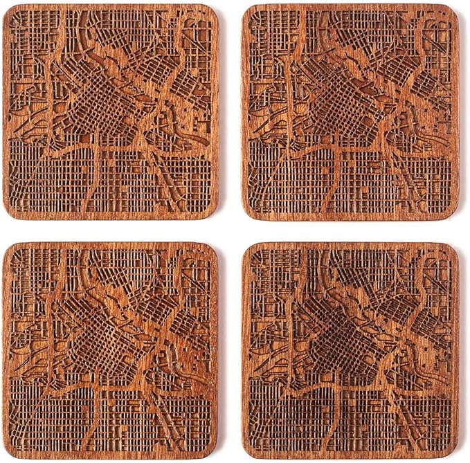 Minneapolis Map Coaster, Set of 4, Sapele Wooden Coaster with city map, Multiple city optional, Handmade