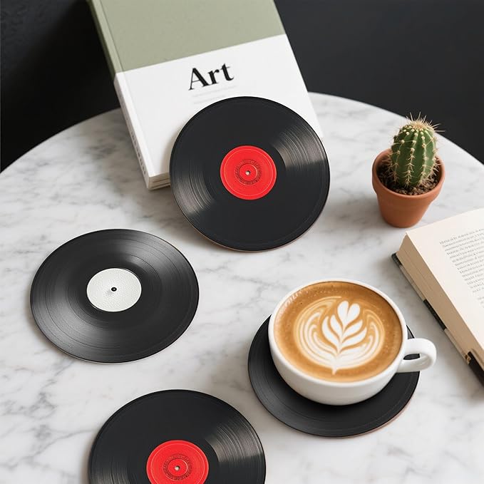 Record Coasters Leather Round Drink Coasters 6 Pcs Set with Holderor for Cup Drink Coffee Table Bar Home Decor