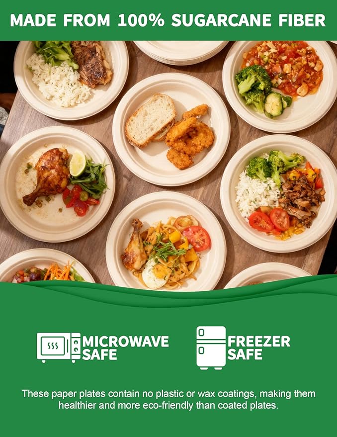 100% Compostable 9 Inch Paper Plates [150-Pack] - Heavy Duty Disposable Dinner Plates Made of Natural Bagasse, Biodegradable & Eco-Friendly for Parties, Wedding, Catering
