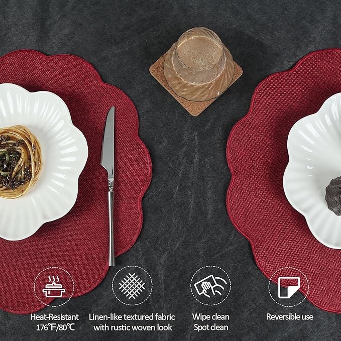 AHHFSMEI Round Faux Linen Placemats Set of 6 Waterproof Table Mats Heat Resistant Non-Slip and Stain Proof for Kitchen Dining Elegant Decor (Burgendy red,6)