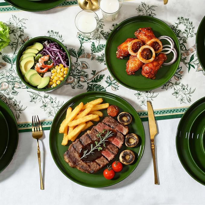 GZG Modern Art Series - 24 Pcs Speckled Stoneware Plates and Bowls Sets, Ceramic Dinnerware Set with Rustic Terracotta Underside, Microwave and Dishwasher Safe Handcrafted Dishes Set - Verdant Green